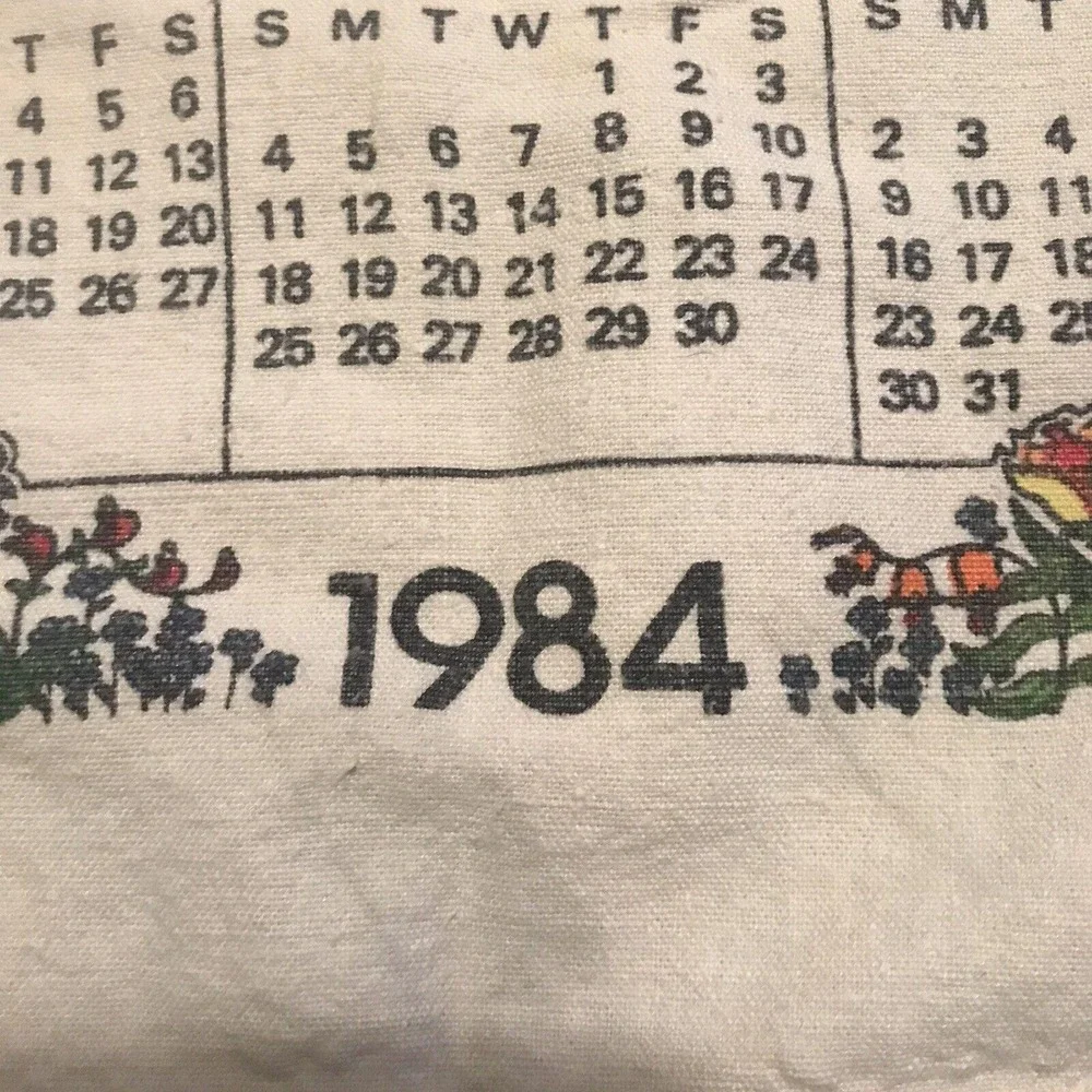 1984 Kitchen Calendar Tea Towel Rainbow Floral Wall Hanging Granny Core MCM